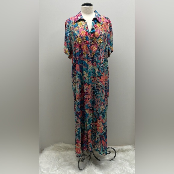 Soft Surroundings Florence Boho Embroidered Beaded Tropical Shirt Dress 2X 22W - Picture 2 of 14